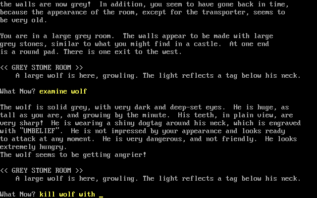 Christian Text Adventure #1 (DOS) screenshot: Preparing to kill one of the monsters, the "wolf of unbelief"