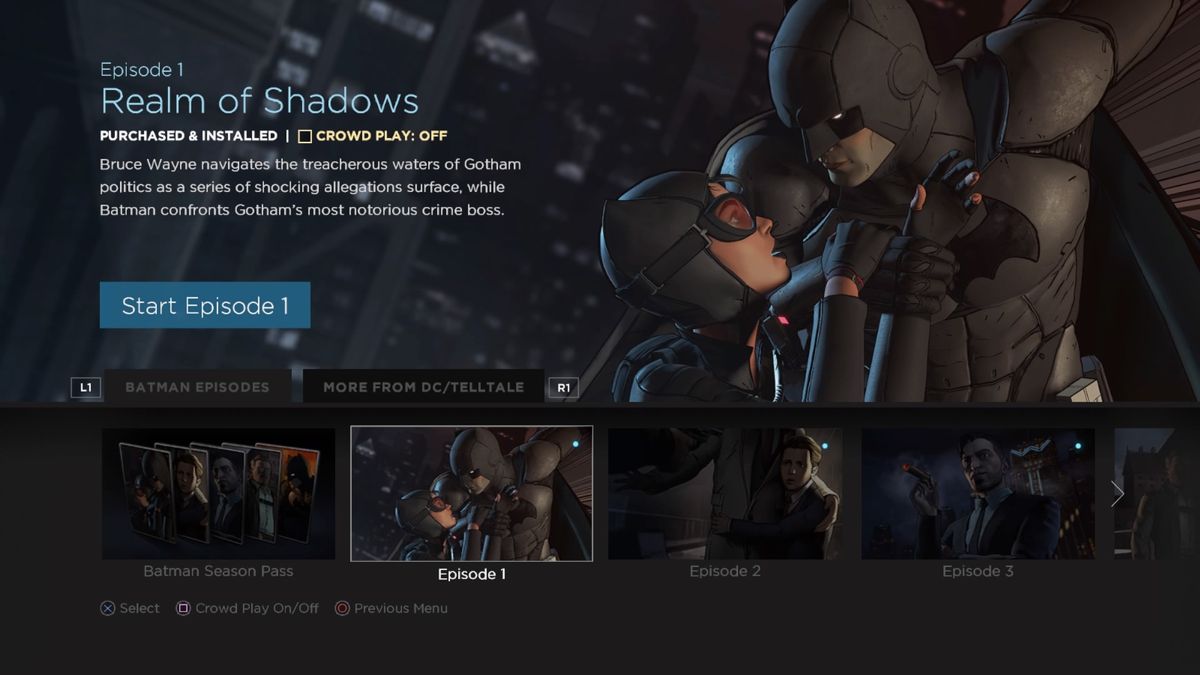 Batman: The Telltale Series - Episode 1: Realm of Shadows (PlayStation 4) screenshot: Episode select screen