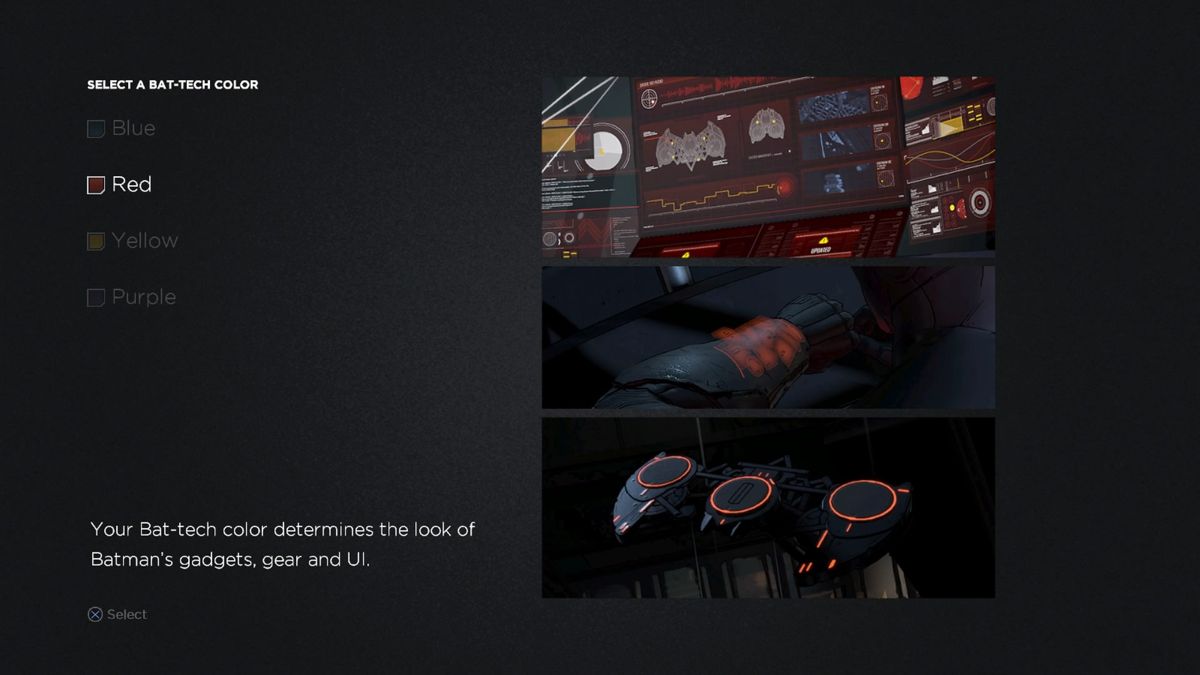 Batman: The Telltale Series - Episode 1: Realm of Shadows (PlayStation 4) screenshot: There are four colors to choose from for Batman's gadgets and computers