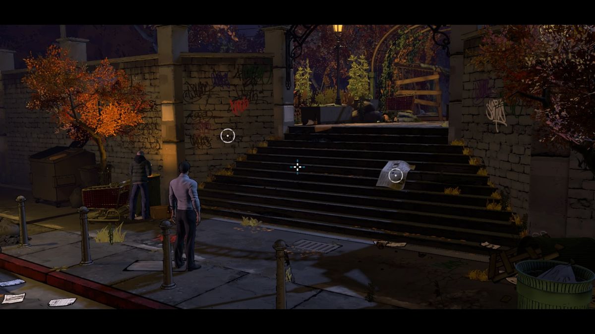 Batman: The Telltale Series - Episode 1: Realm of Shadows (PlayStation 4) screenshot: Arriving at the Cobblepot Park to meet with an old friend of yours