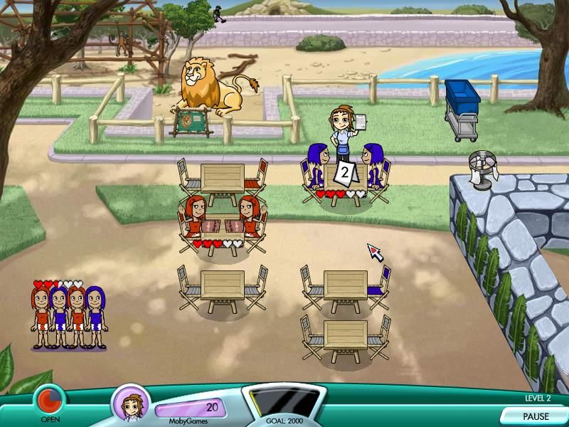 Diner Dash: Hometown Hero (Windows) screenshot: I have taken the order of the party of 2 blue, need to take the order of the party of 2 red and need to seat a party of 4.