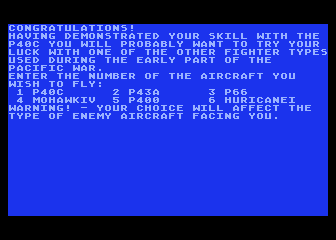 Chennault's Flying Tigers (Atari 8-bit) screenshot: Downing the last bombers I can now restart with my choice of aircraft