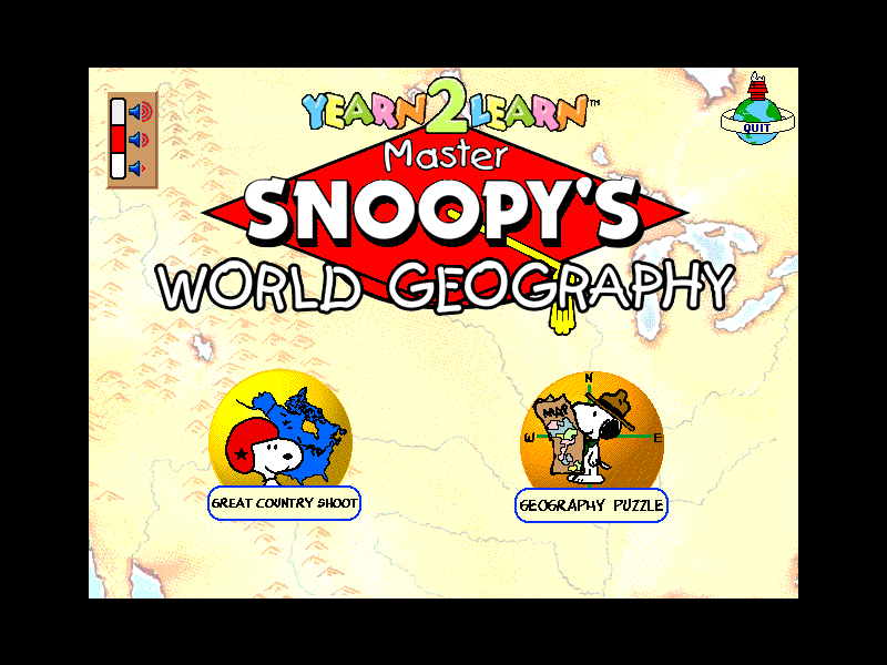 Yearn2Learn: Master Snoopy's World Geography (Windows 16-bit) screenshot: This is the games main menu screen. In the top left is the volume control for the sound effects