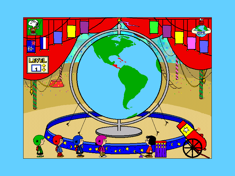 Yearn2Learn: Master Snoopy's World Geography (Windows 16-bit) screenshot: A couple of questions later and the player must help Patti locate Panama. In this screen the game is giving a hint by showing the correct region before the globe starts to spin. It's not a big target