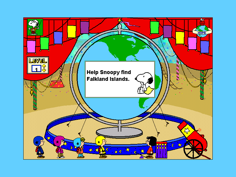 Yearn2Learn: Master Snoopy's World Geography (Windows 16-bit) screenshot: I was surprised when the Falkland Islands came up as question 1. Snoopy's already in the cannon and is ready to go