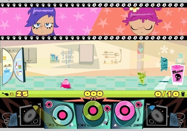 Toon Tastic (Windows) screenshot: Hi Hi Puffy Ami Yumi: Dish It Out. <br>Make the food jump into the bin by clicking on the like coloured record