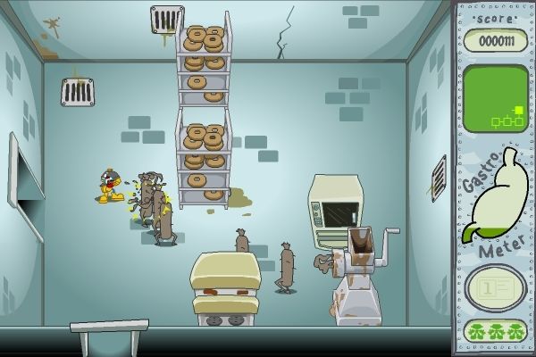 Toon Tastic (Windows) screenshot: Kids Next Door: Tummy Trouble<br>Fighting sinister sausages in one of the rooms. Other baddies are pies, sprouts & ice cubes