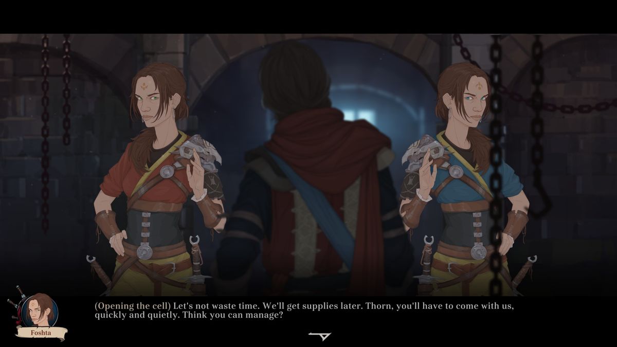 Ash of Gods (Windows) screenshot: The twins, Andra and Foshta, in conversation with Thorn Brennin