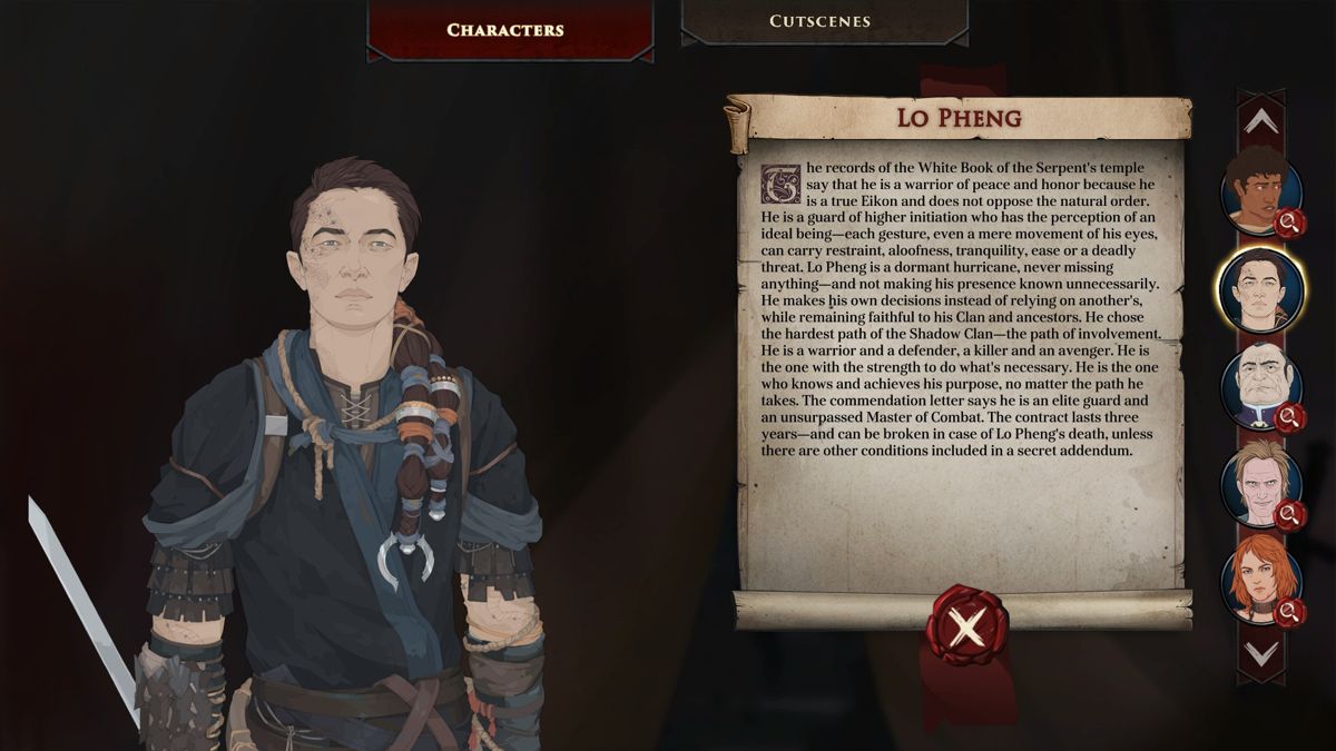 Ash of Gods (Windows) screenshot: Every character has a biography and description. This is Lo Pheng.