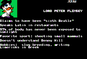 Killed Until Dead (Apple II) screenshot: Lord Flimsey's file.