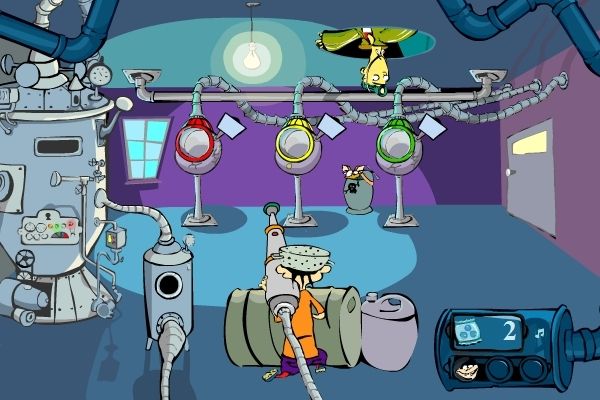 Toon Tastic (Windows) screenshot: Ed, Edd n Eddy: Candy Factory - Shoot the coloured ingredient into the right barrel to make sweets.