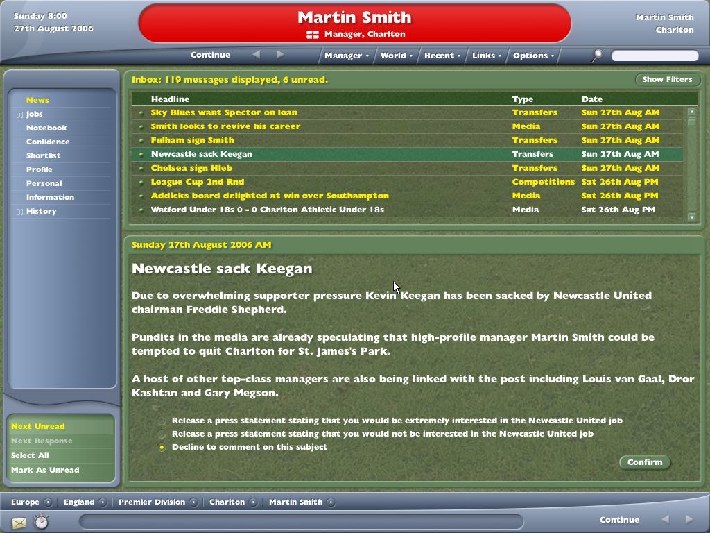 Worldwide Soccer Manager 2005 (Windows) screenshot: Media interaction