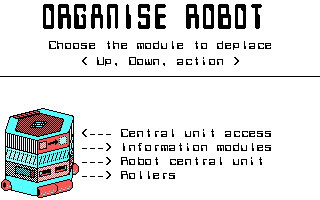 Hexsider (DOS) screenshot: Rearranging a robot (CGA)