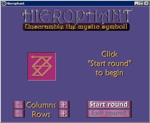 Hierophant (Windows) screenshot: The title screen and main menu.<br>Clocking on the '+' and '-' symbols either side of the words Columns & Rows changes the complexity of the symbol in the magenta window