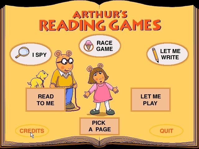 Arthur's Reading Games (Windows) screenshot: The main menu, all options are explained by D.W. <br>If left alone for long enough the game plays a tune and D.W. starts dancing