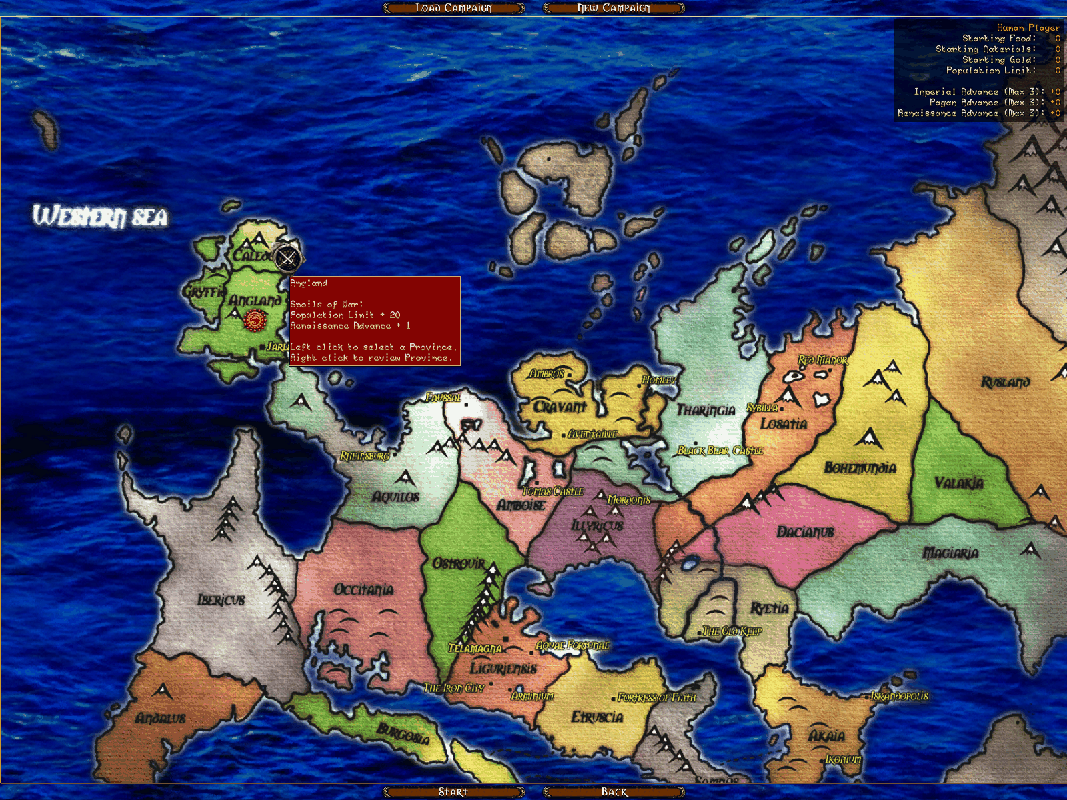 Warrior Kings: Battles (Collector's Edition) (Windows) screenshot: The start of a campaign. The map is roughly based on Europe