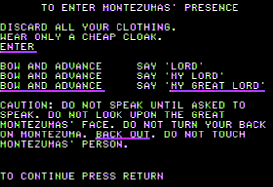 Kukulcan (Apple II) screenshot: Instructions for Addressing an Emperor