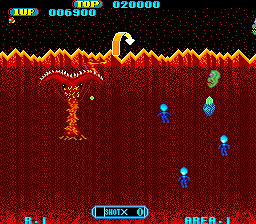 4-D Warriors (Arcade) screenshot: Eaten by a red snake
