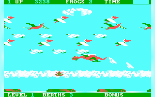 Frogger II: ThreeeDeep! (PC Booter) screenshot: Avoid the dragon up in the sky (CGA with RGB monitor)