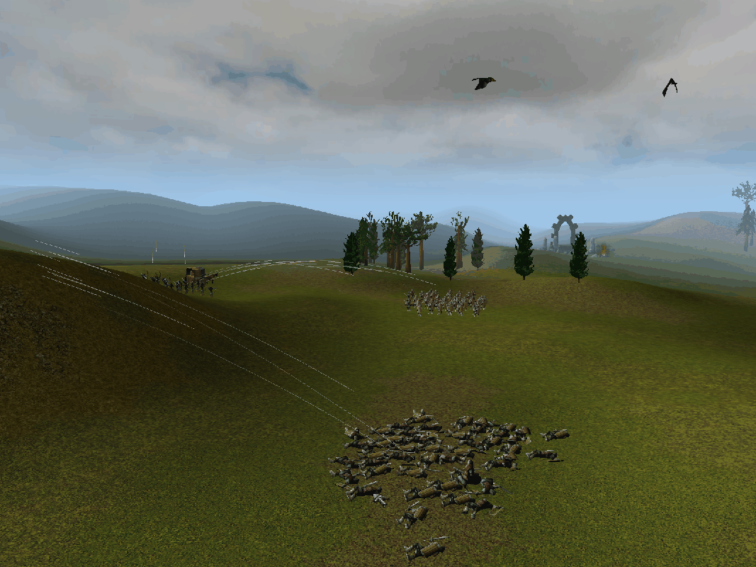 Warrior Kings: Battles (Collector's Edition) (Windows) screenshot: Here light infantry is defeating heavy infantry by taking advantage of the terrain. When on almost level ground they are not too effective but give them a height advantage and they are deadly