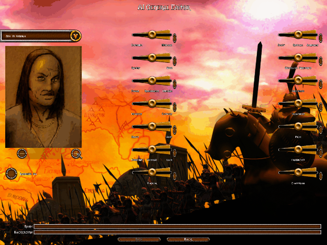 Warrior Kings: Battles (Collector's Edition) (Windows) screenshot: The game has an AI General editor. This allows the player to create a tougher, or easier, AI opponent