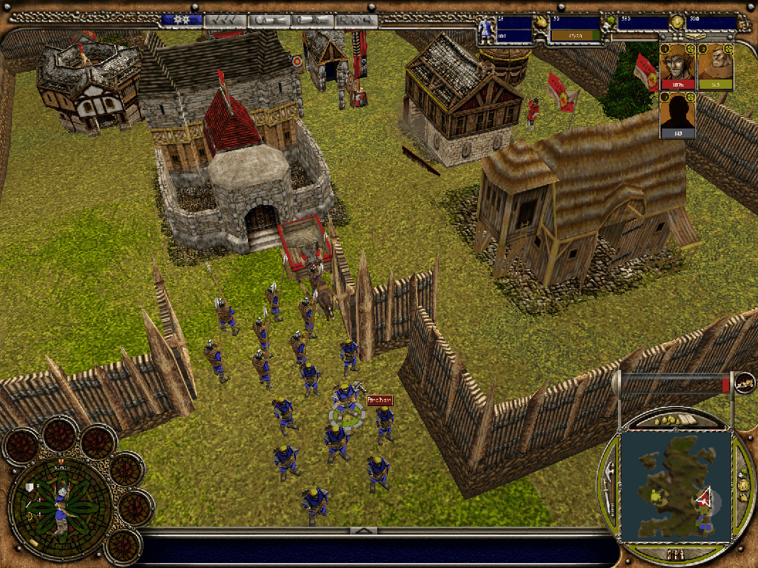 Warrior Kings: Battles (Collector's Edition) (Windows) screenshot: The blue soldiers have arrived at the red teams stronghold. There's no-one home because they're out attacking the yellow team