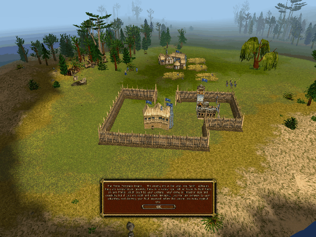 Warrior Kings: Battles (Collector's Edition) (Windows) screenshot: The player always seems to be the blue team. Here at the start of a campaign the big hint is to strike fast
