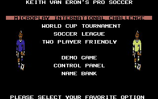 Keith Van Eron's Pro Soccer (Commodore 64) screenshot: Game menu (outdoor)