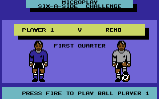 Keith Van Eron's Pro Soccer (Commodore 64) screenshot: The first quarter is about to begin (indoor)
