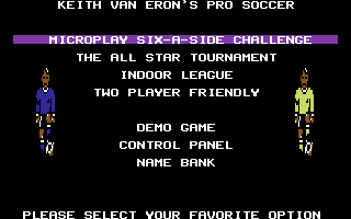 Keith Van Eron's Pro Soccer (Commodore 64) screenshot: Game menu (indoor)