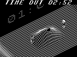 Vectorball (ZX Spectrum) screenshot: After a goal the play area is reset and the game progresses until the countdown reaches zero. The current score scrolls diagonally across the top edge of the play area