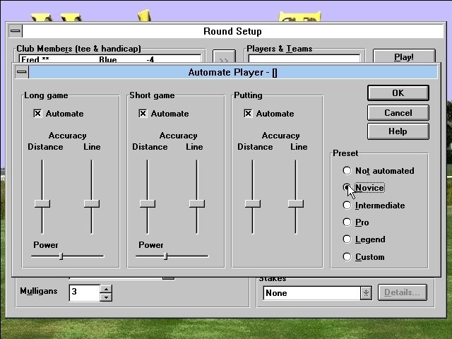 Picture Perfect Golf (Windows 3.x) screenshot: prior to playing a new human player needs to be set up. The Windows game allows parts of the players game to be automated, for example, when on the green the player does not need to putt