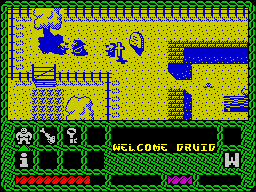 Enlightenment (ZX Spectrum) screenshot: An undead thing has appeared and is attacking. The red twisty bar in the bottom left indicates the charactr's health and it is decreasing