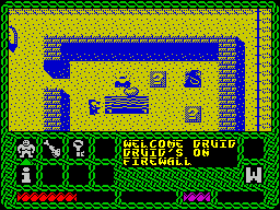 Enlightenment (ZX Spectrum) screenshot: I thought these squares had question marks on them. The game says I'm on a firewall so perhaps they are flames
