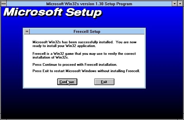 Picture Perfect Golf (Windows 3.x) screenshot: From the installation process. The WIN 3.1 installation can also be made to install MS Freecell as a way of verifying that Win32s has installed correctly