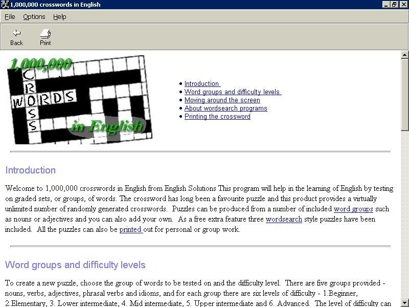 1,000,000 Crosswords (Windows) screenshot: The game's Help file can be accessed from the main menu