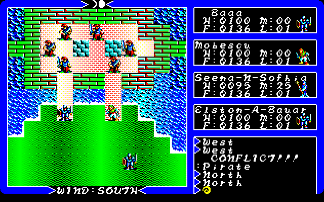 Exodus: Ultima III (PC-88) screenshot: Fighting pirates on their ship!