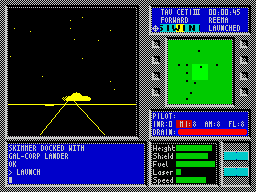 Tau Ceti: The Lost Star Colony (ZX Spectrum) screenshot: Close up the target can be identified as some kind of flying saucer and this time its been hit...
