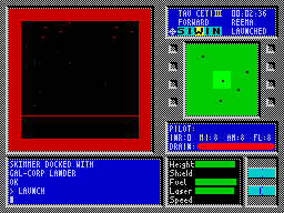 Tau Ceti: The Lost Star Colony (ZX Spectrum) screenshot: ... and also indestructible. A collision was inevitable. This triggers a 'Game Over' sequence where the main window cycles through bright colours while the central black area gets smaller