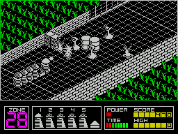 Highway Encounter (ZX Spectrum) screenshot: Back in line. The oil drums have been moved forwards but not out of the convoy's path. The periscope like baddies can be shot & killed. The other baddies on screen cannot