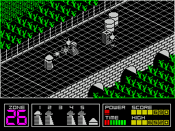 Highway Encounter (ZX Spectrum) screenshot: The square towers block the way but can be destroyed. The star things then can travel the full width of the road and, of course they are deadly. Perhaps those oil drums can help?