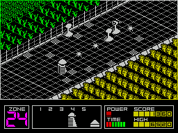 Highway Encounter (ZX Spectrum) screenshot: The lighter coloured squares on the road are obstacles and the player must go around these
