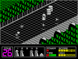 Highway Encounter (ZX Spectrum) screenshot: There is an action key that causes the players Vorton to spin round on the spot firing the gun as it does so. Very useful against lots of baddies.