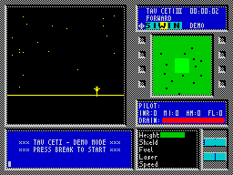 Tau Ceti: The Lost Star Colony (ZX Spectrum) screenshot: The game starts in demo mode. There is no action key redefinition. The main windows shows the planet surface, radar and status messages