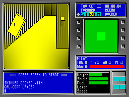 Tau Ceti: The Lost Star Colony (ZX Spectrum) screenshot: The game starts when the BREAK key is pressed. Now the player is in their craft aboard the mother ship prior to planetfall