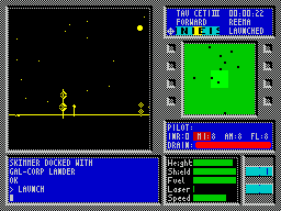 Tau Ceti: The Lost Star Colony (ZX Spectrum) screenshot: So now the player is flying over the planets surface. Some targets are static - like these towers, others move around