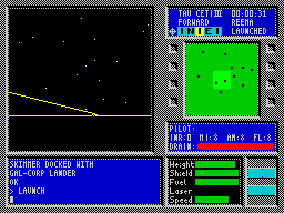 Tau Ceti: The Lost Star Colony (ZX Spectrum) screenshot: Whatever it is its firing at me. Neither the enemy fire nor our own is especially accurate.....