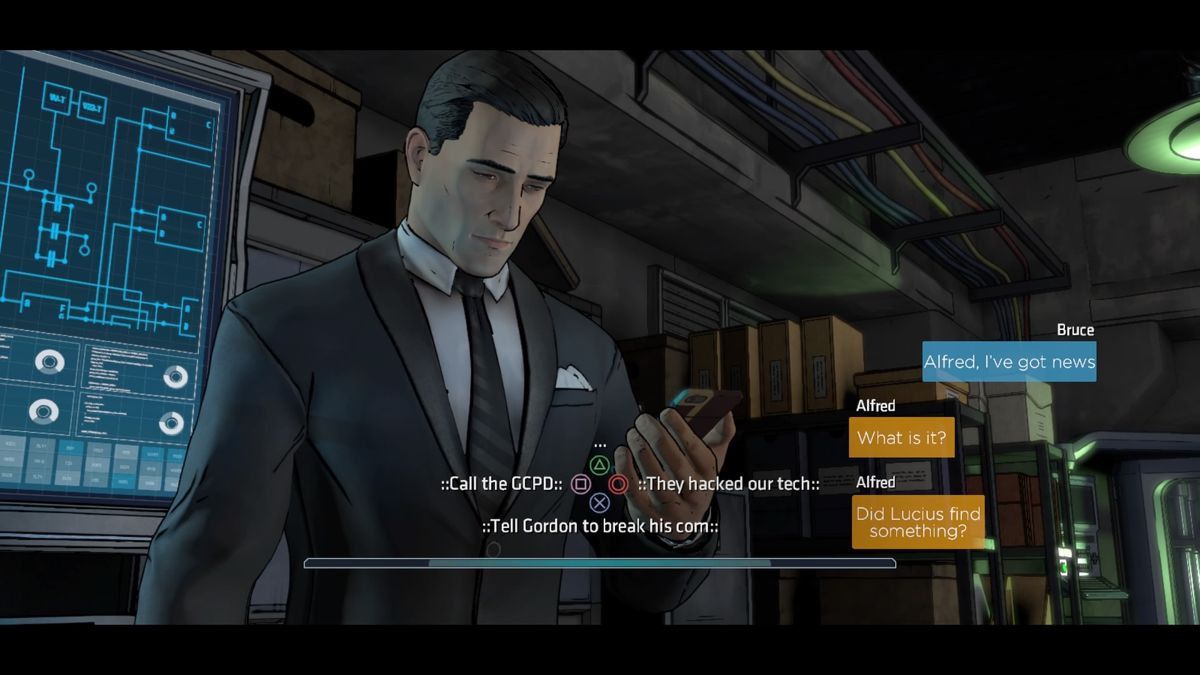 Batman: The Telltale Series - Episode Three of Five: New World Order (PlayStation 4) screenshot: Texting with Alfred
