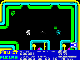 Project Future (ZX Spectrum) screenshot: Farley's got one and if that collection of white pixels can move fast enough he'll get another. The card he's trying to retrieve is in the bottom right corner of the screen