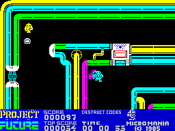 Project Future (ZX Spectrum) screenshot: ... who re-spawns directly under Farley as he passes